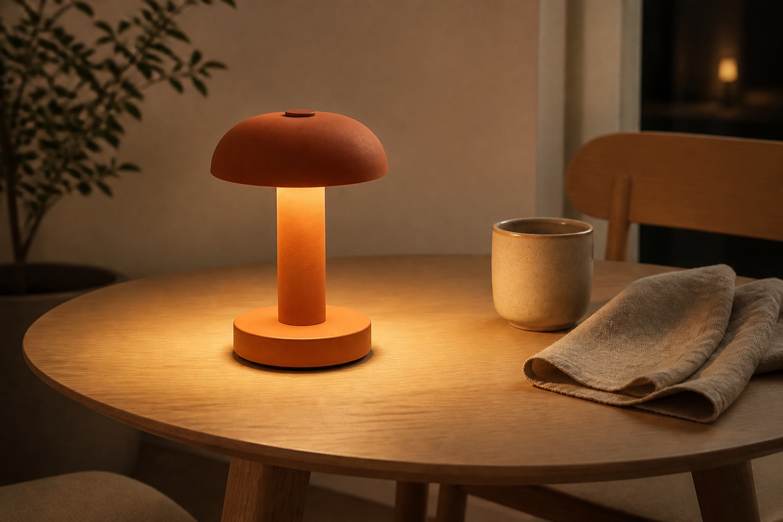 Lume Mini acesa em uma mesa de jantar durante a noite